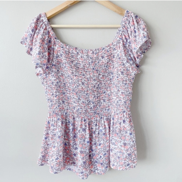 Japna Fitted flutter sleeve smocked top ditsy floral women's shirts large ruffle - Picture 2 of 8